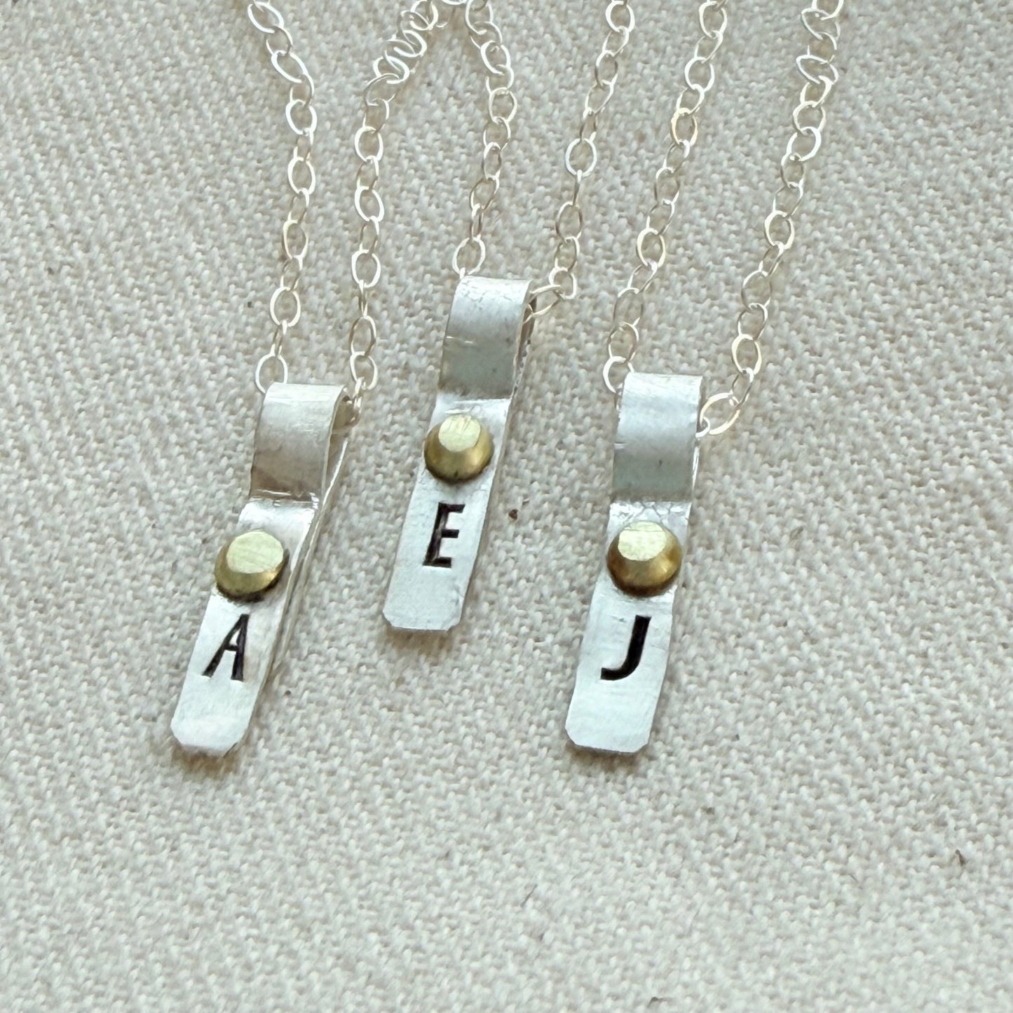 Teeny Tiny Sterling Silver Initial Charm Necklace with Hand Riveted Golden Accents | Art Deco Initial - drake designs jewelry