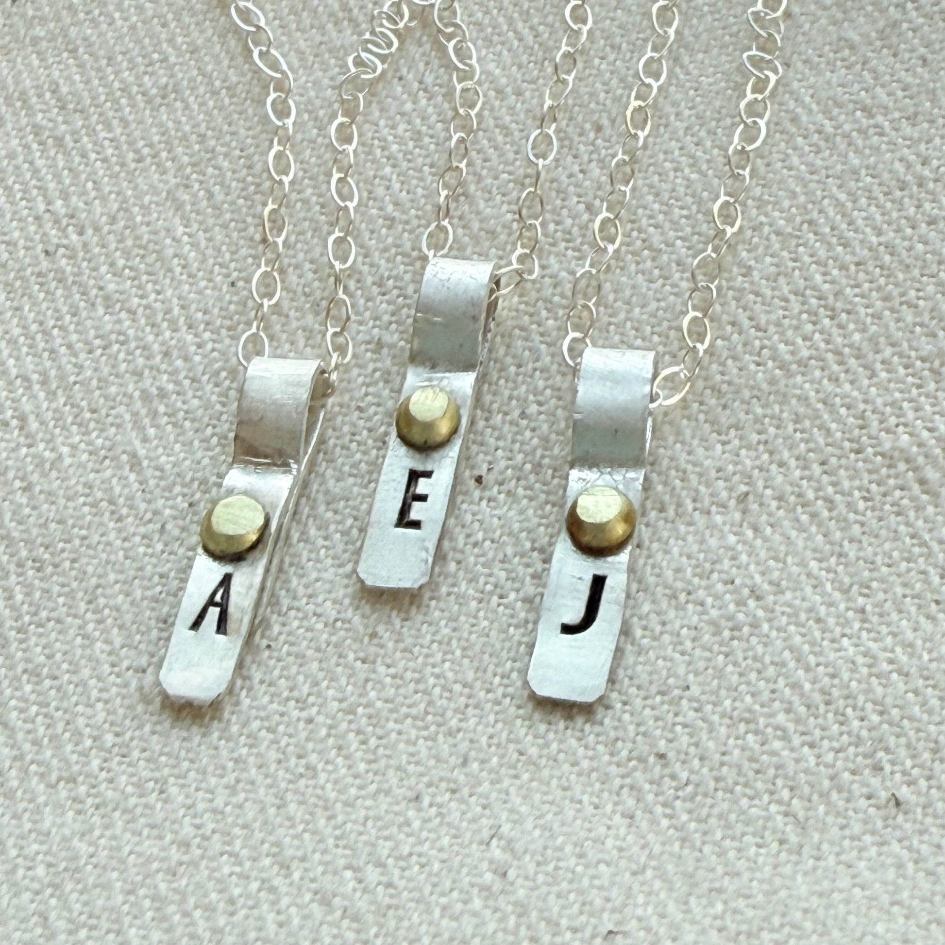 Teeny Tiny Sterling Silver Initial Charm Necklace with Hand Riveted Golden Accents | Art Deco Initial - drake designs jewelry