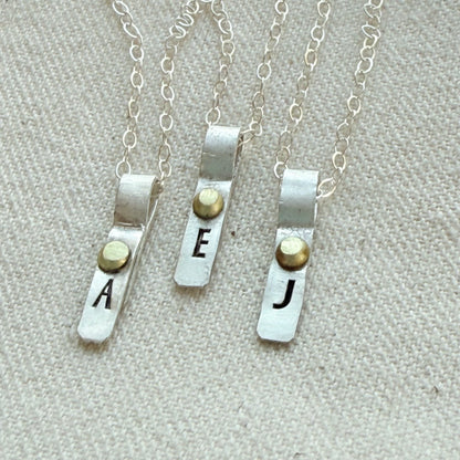 Teeny Tiny Sterling Silver Initial Charm Necklace with Hand Riveted Golden Accents | Art Deco Initial - drake designs jewelry