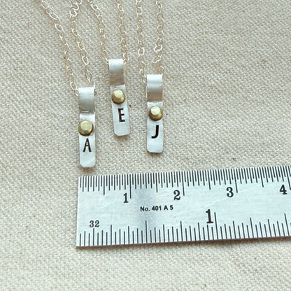 Teeny Tiny Sterling Silver Initial Charm Necklace with Hand Riveted Golden Accents | Art Deco Initial - drake designs jewelry