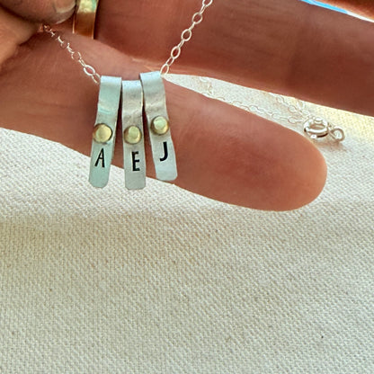Teeny Tiny Sterling Silver Initial Charm Necklace with Hand Riveted Golden Accents | Art Deco Initial - drake designs jewelry