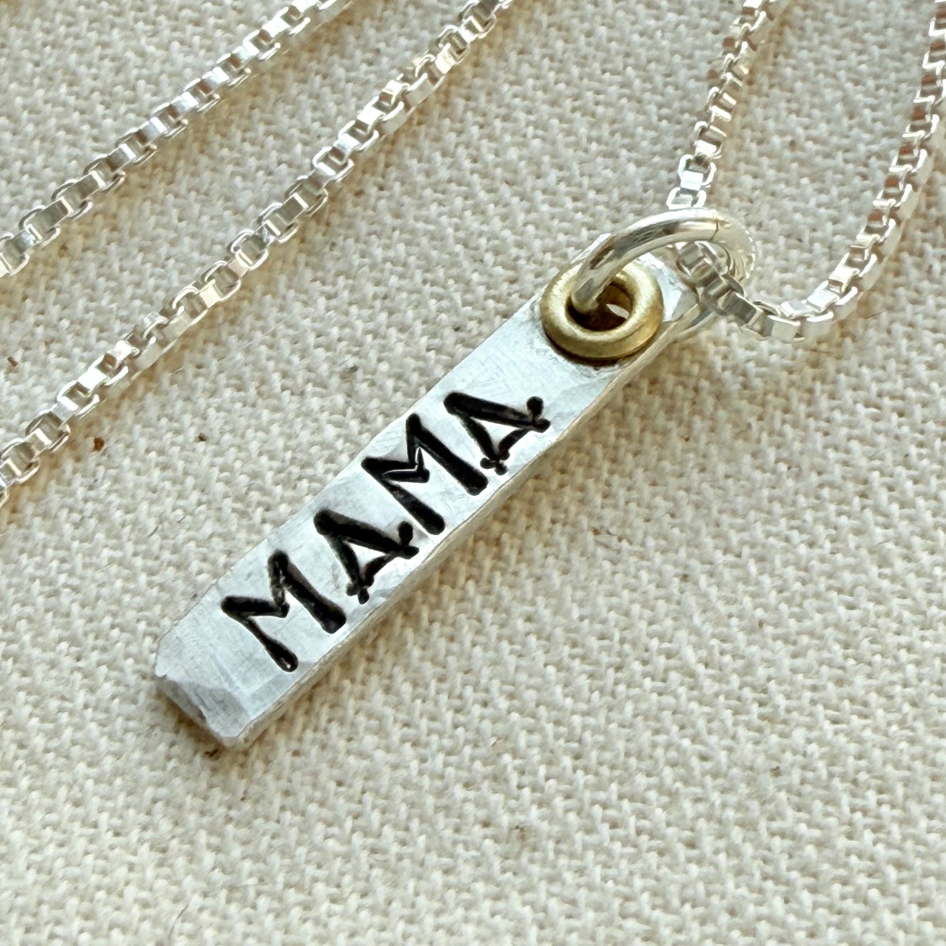 Sterling Silver Art Deco Mama Vertical Bar Necklace with Gold Accents | Oma Necklace | Nana Necklace - Drake Designs Jewelry