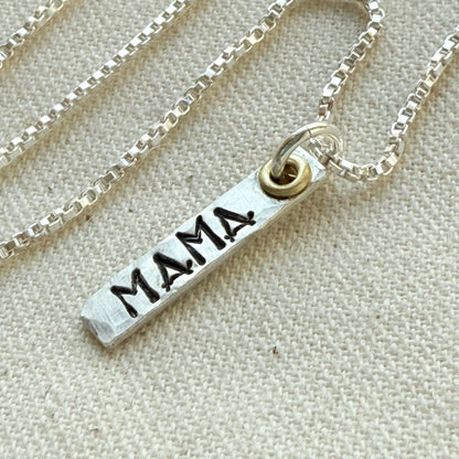Sterling Silver Art Deco Mama Vertical Bar Necklace with Golden Accents | Oma Necklace | Nana Necklace - Drake Designs Jewelry