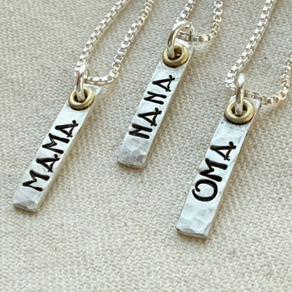 Sterling Silver Art Deco Mama Vertical Bar Necklace with Golden Accents | Oma Necklace | Nana Necklace - Drake Designs Jewelry