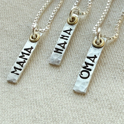 Sterling Silver Art Deco Mama Vertical Bar Necklace with Golden Accents | Oma Necklace | Nana Necklace