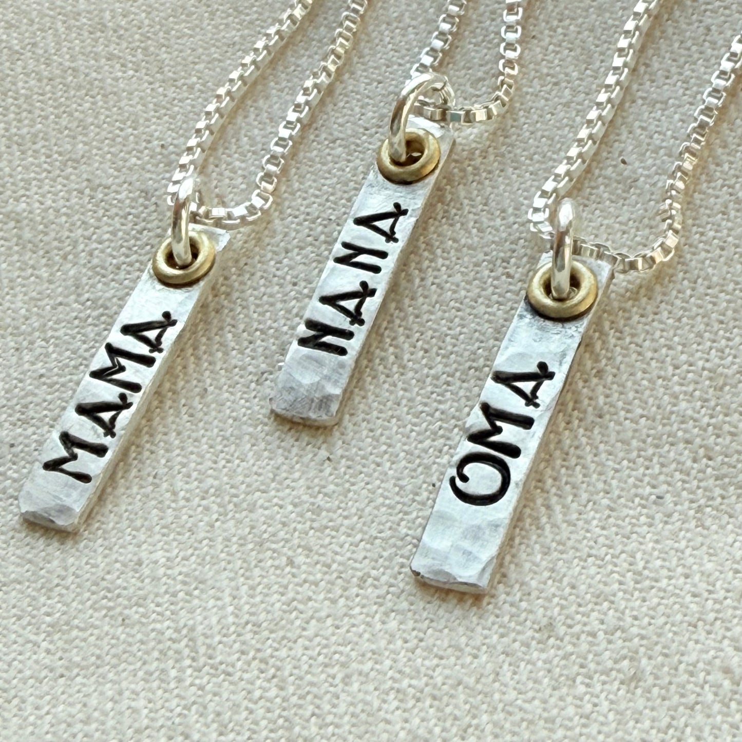 Sterling Silver Art Deco Mama Vertical Bar Necklace with Golden Accents | Oma Necklace | Nana Necklace