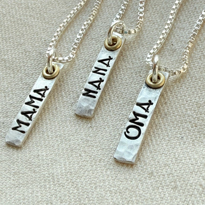 Sterling Silver Art Deco Mama Vertical Bar Necklace with Golden Accents | Oma Necklace | Nana Necklace
