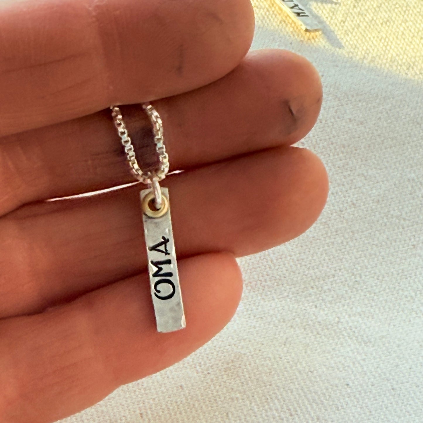 Sterling Silver Art Deco Mama Vertical Bar Necklace with Golden Accents | Oma Necklace | Nana Necklace
