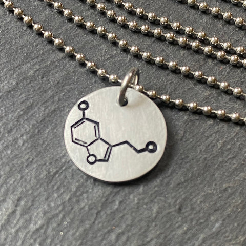 serotonin molecule necklace gift for chemist or scientist.  STEM chemistry jewelry for her. Drake Designs Jewelry 