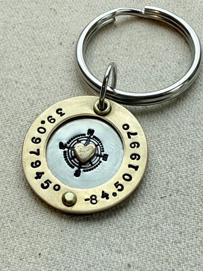 Personalized Custom Coordinates Keychain Graduation Gift | silver and gold heart and raised border | Home is Where the Heart is | Drake Designs Jewelry
