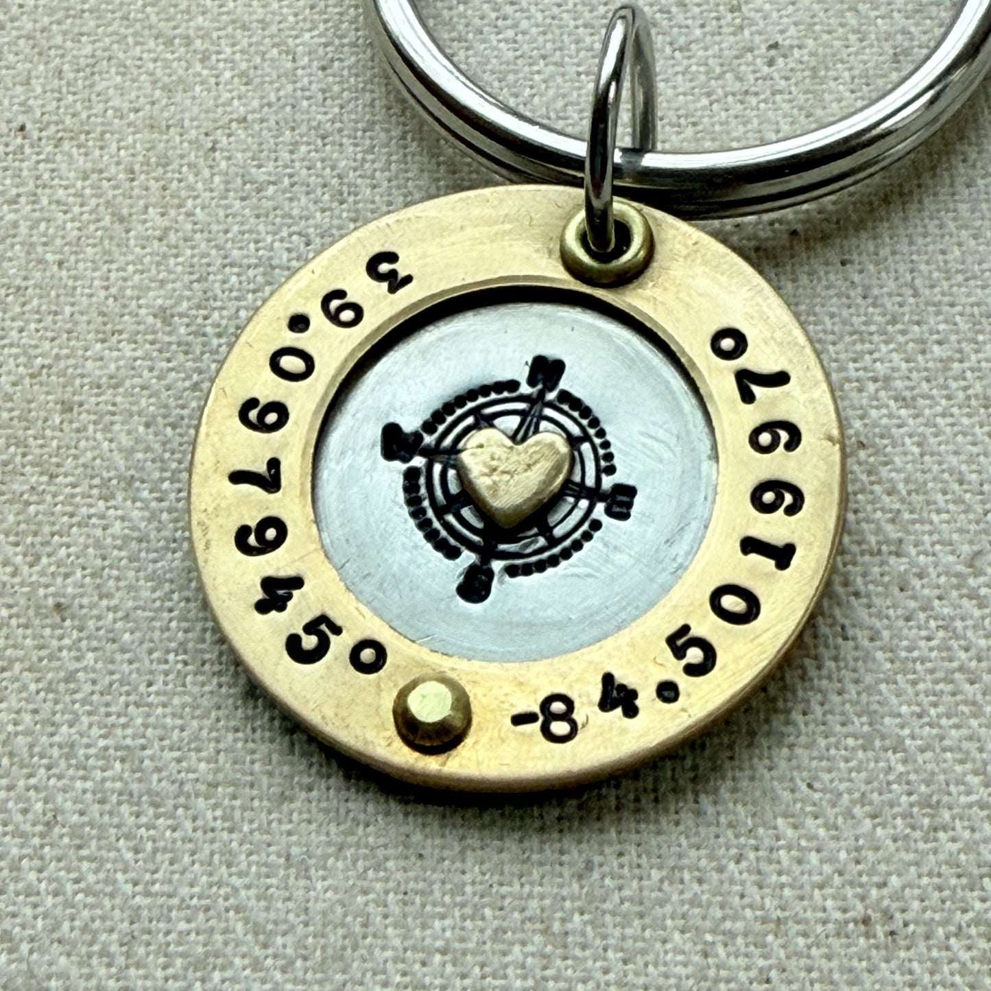 Personalized Compass Keychain with Custom Coordinates | silver with gold border and heart | Home is Where the Heart is | Graduation Gift | Drake Designs Jewelry