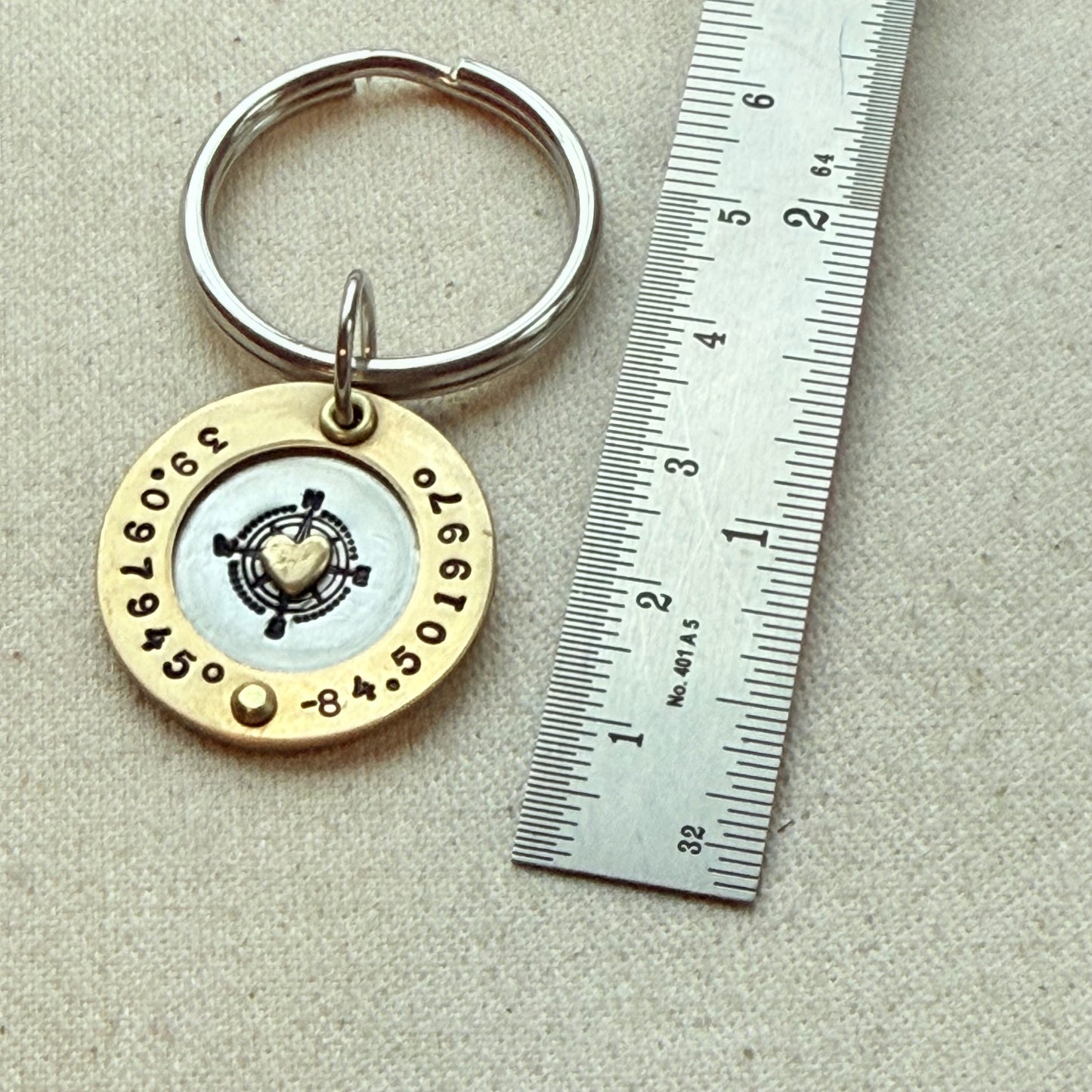 Personalized Compass Keychain with Custom Coordinates | silver with gold heart and raised border | Drake Designs Jewelry