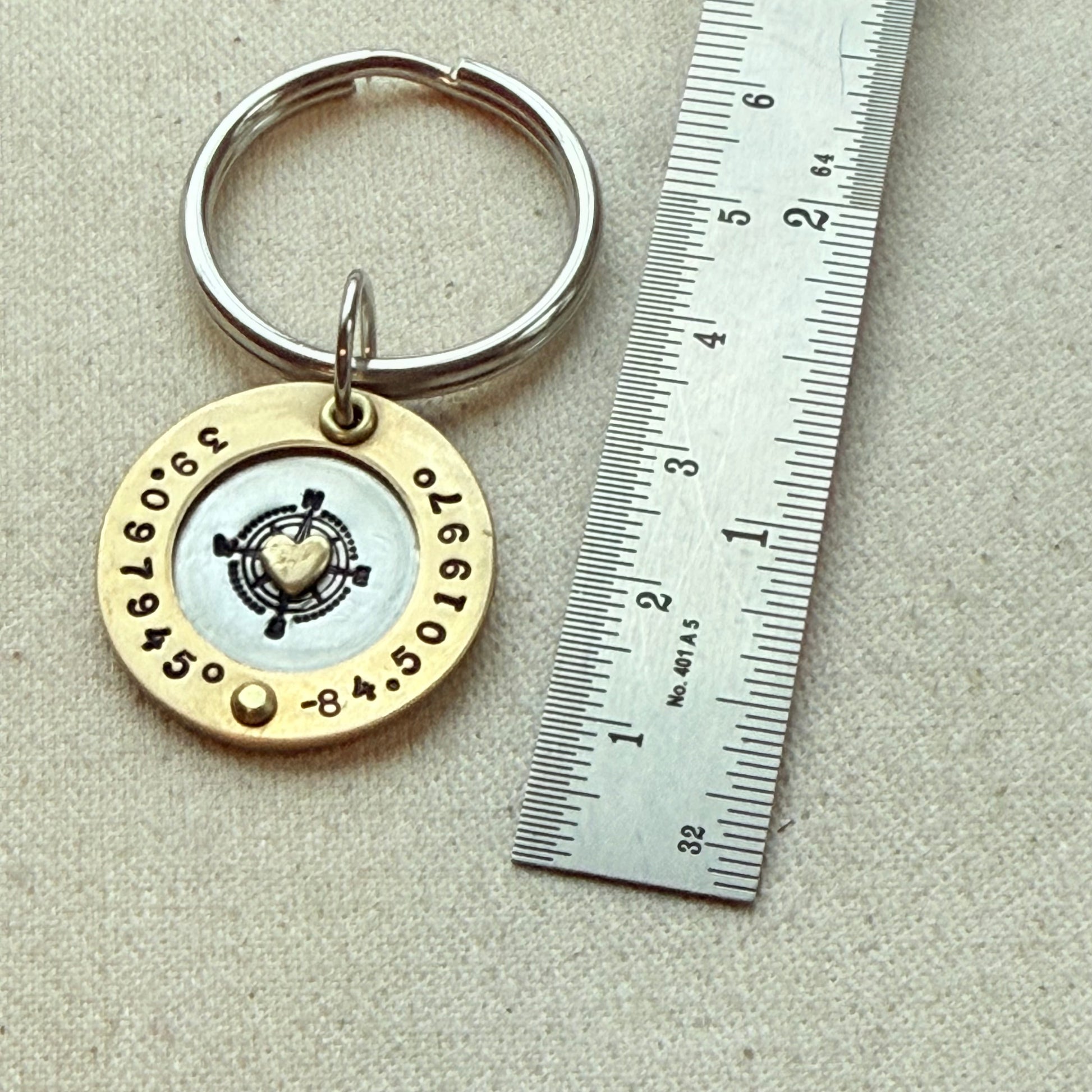 Personalized Compass Keychain with Custom Coordinates | silver with gold heart and raised border | Drake Designs Jewelry