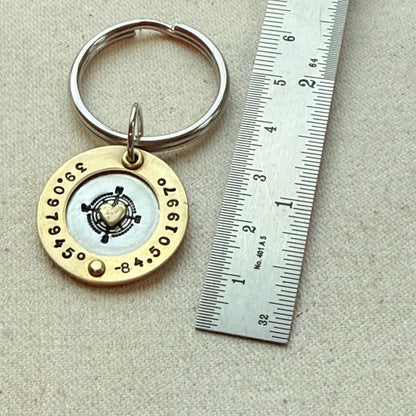 Personalized Compass Keychain with Custom Coordinates | silver with gold heart and raised border | Drake Designs Jewelry