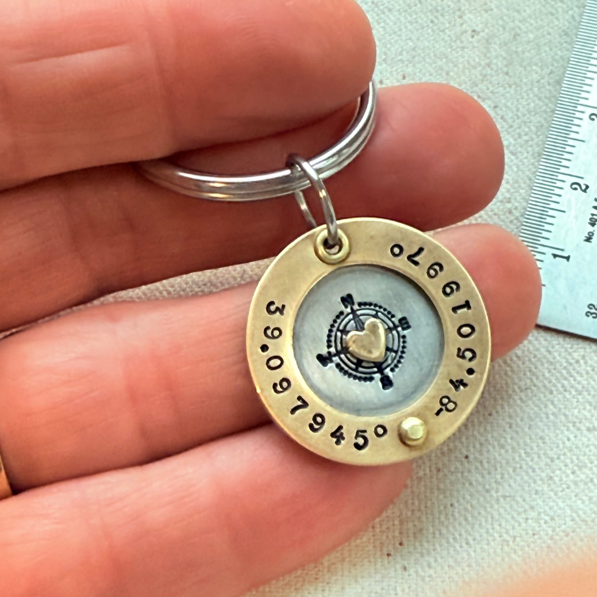 Personalized Compass Keychain with Custom Coordinates | silver with gold heart and raised border | Graduation Gift | Drake Designs Jewelry