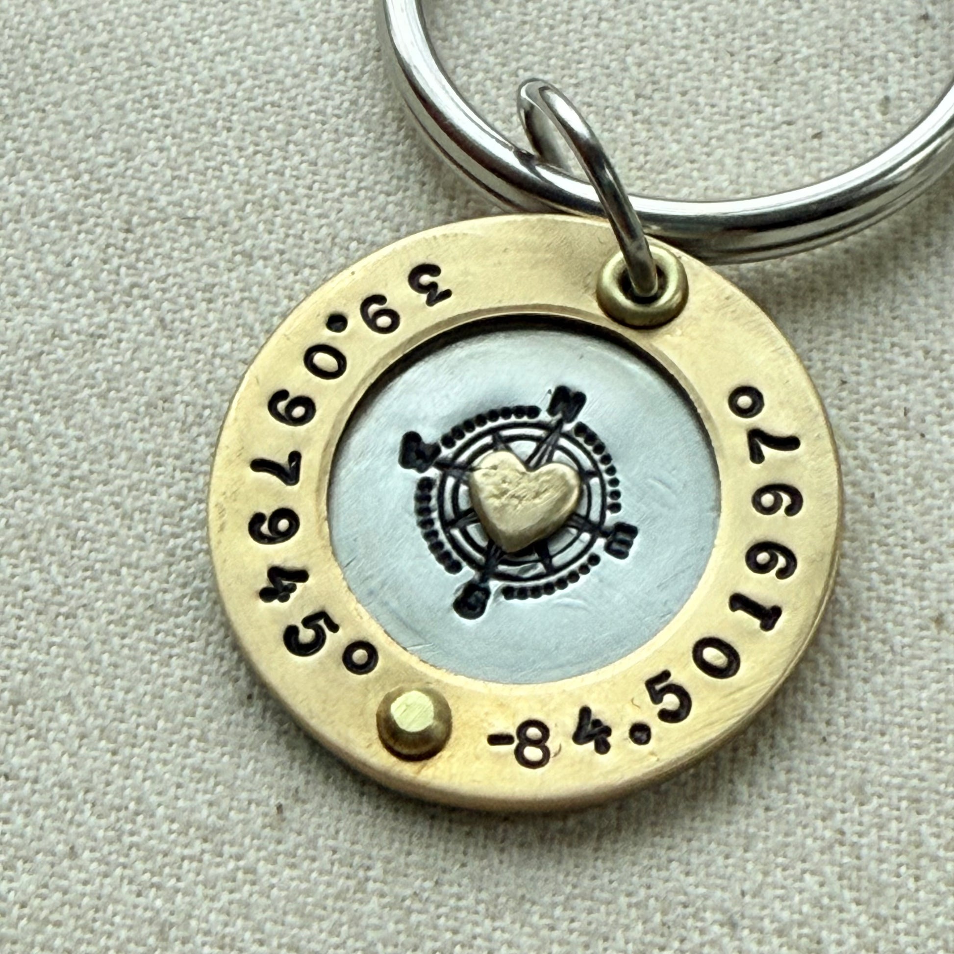 Personalized Custom Coordinates Keychain Graduation Gift | silver and gold heart and raised border | Home is Where the Heart is | Drake Designs Jewelry