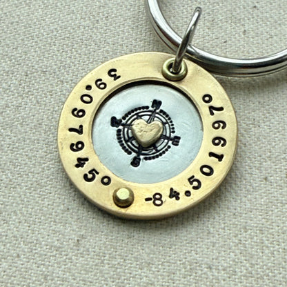 Personalized Custom Coordinates Keychain Graduation Gift | silver and gold heart and raised border | Home is Where the Heart is | Drake Designs Jewelry