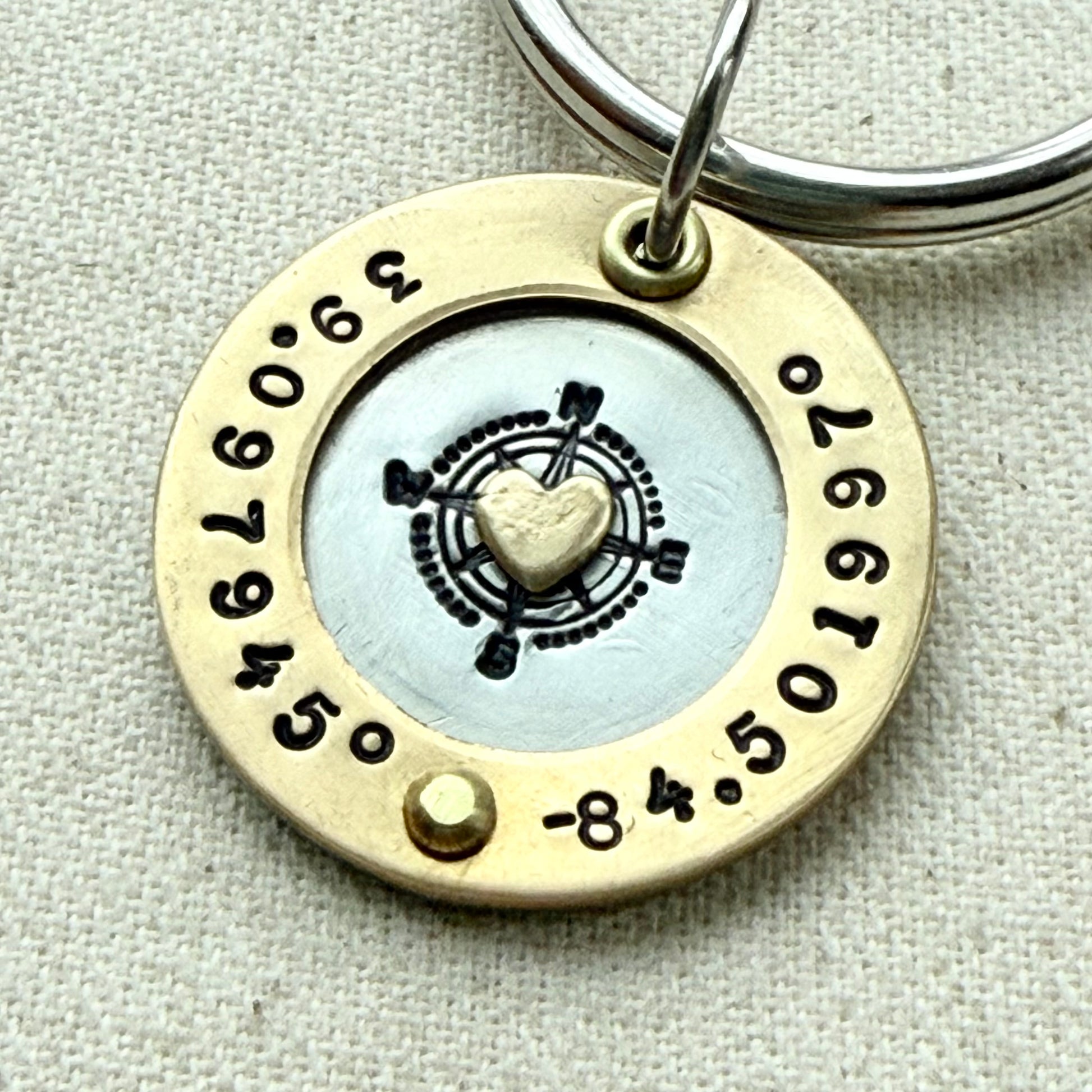 Personalized Compass Keychain with Coordinates | silver with gold heart and raised border | Home is Where the Heart is | Graduation Gift | Drake Designs Jewelry