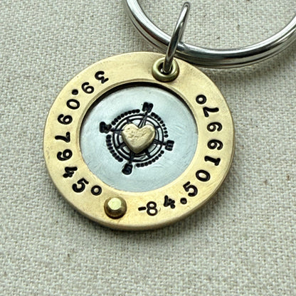 Personalized Custom Coordinates Keychain Graduation Gift | silver and gold heart and raised border | Home is Where the Heart is | Drake Designs Jewelry