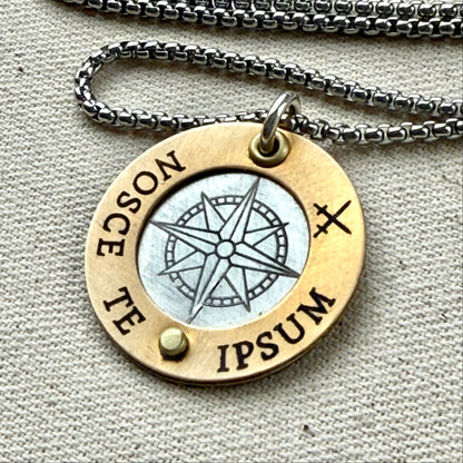 Nosce Te Ipsum Necklace - Sterling Silver and Golden Brass Latin Phrase Jewelry - Drake Designs Jewelry 