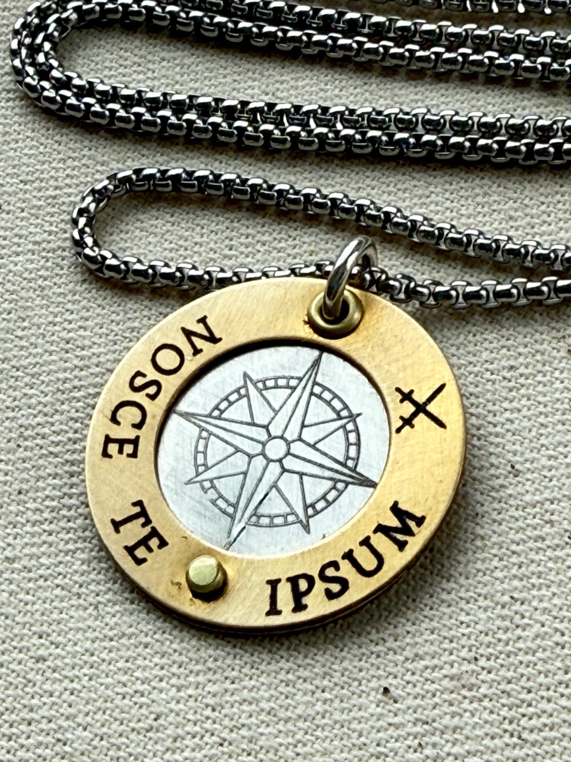 Nosce Te Ipsum Necklace - Sterling Silver and Golden Brass Latin Phrase Jewelry - Drake Designs Jewelry 