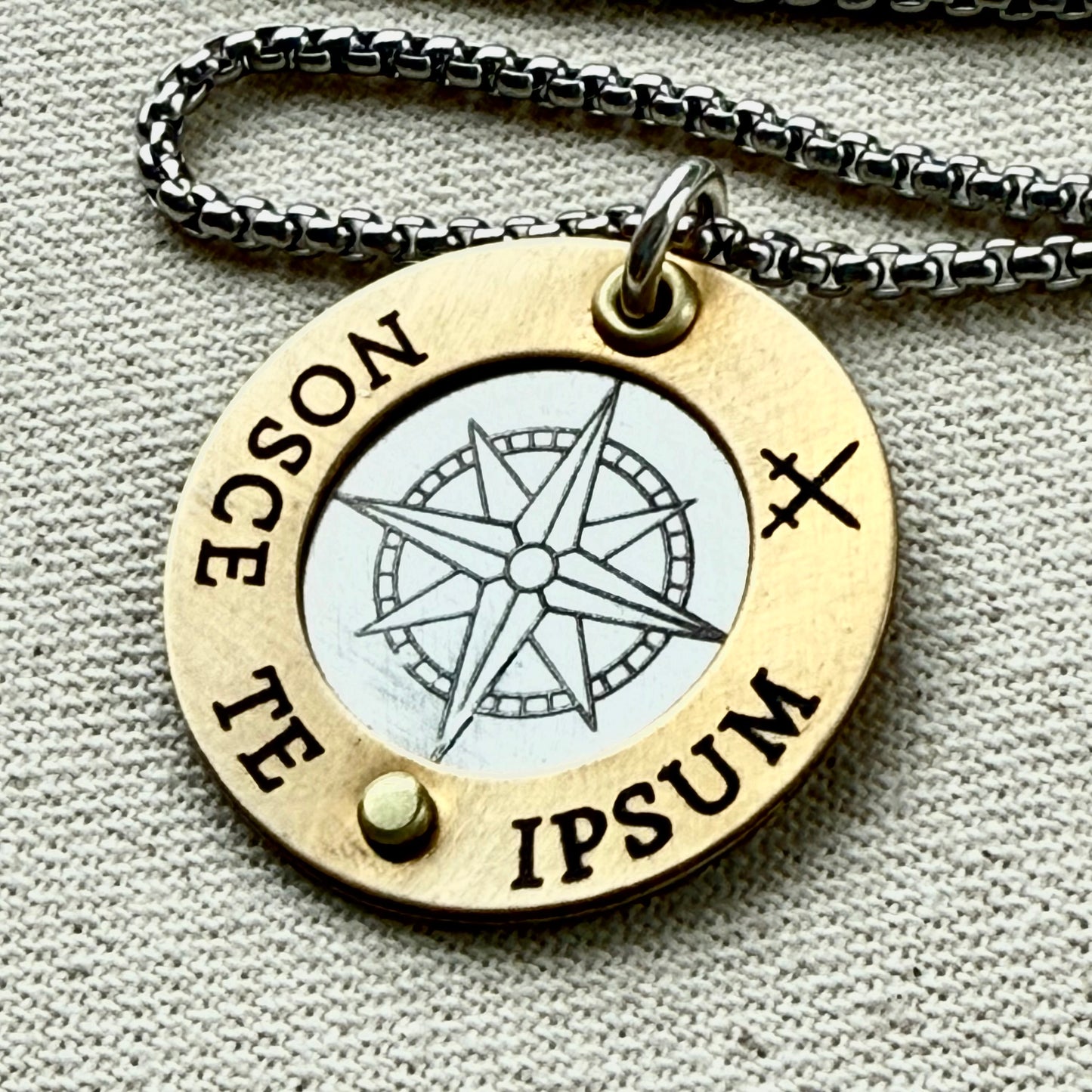 Nosce Te Ipsum Necklace - Sterling Silver and Golden Brass Latin Phrase Jewelry - Drake Designs Jewelry 