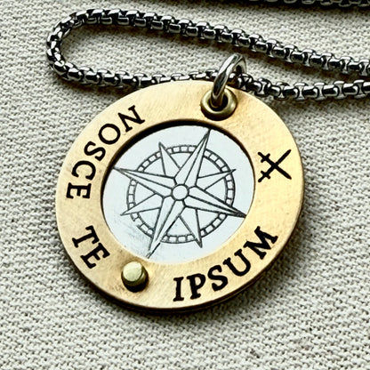 Nosce Te Ipsum Necklace - Sterling Silver and Golden Brass Latin Phrase Jewelry - Drake Designs Jewelry 