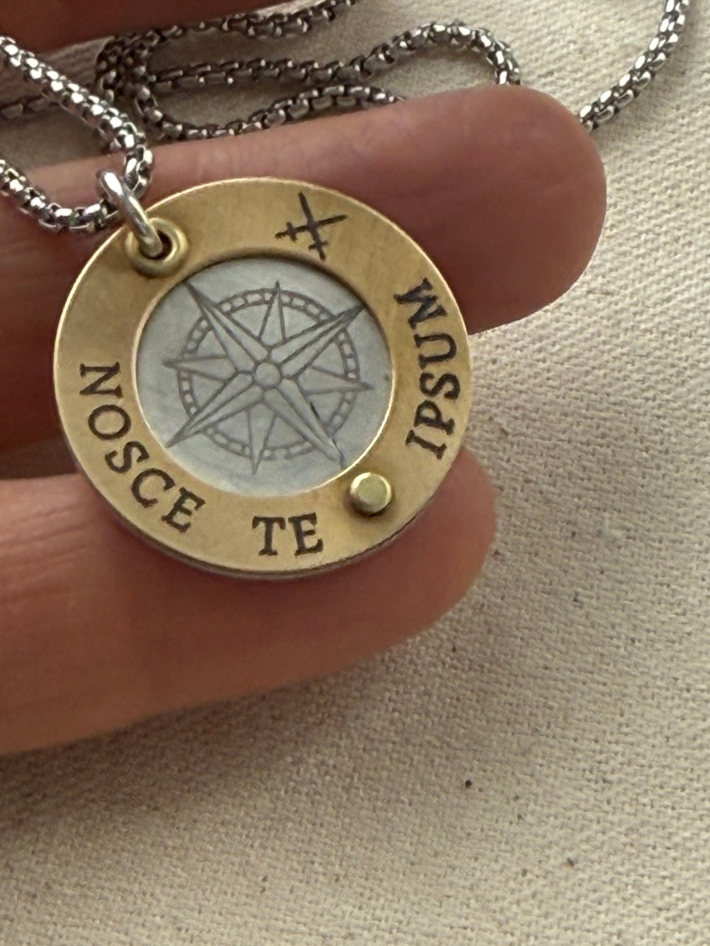 Nosce Te Ipsum Necklace - Sterling Silver and Golden Brass Latin Phrase Jewelry - Drake Designs Jewelry 