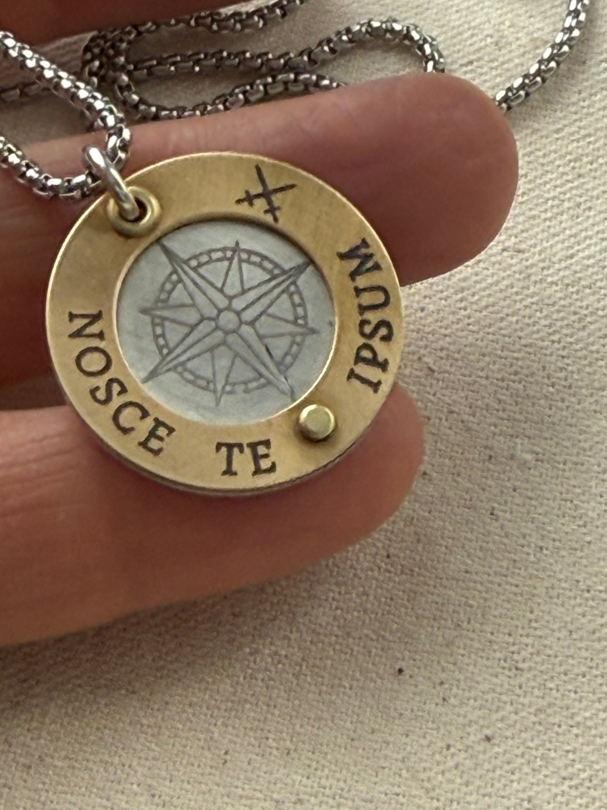 Nosce Te Ipsum Necklace - Sterling Silver and Golden Brass Latin Phrase Jewelry - Drake Designs Jewelry 