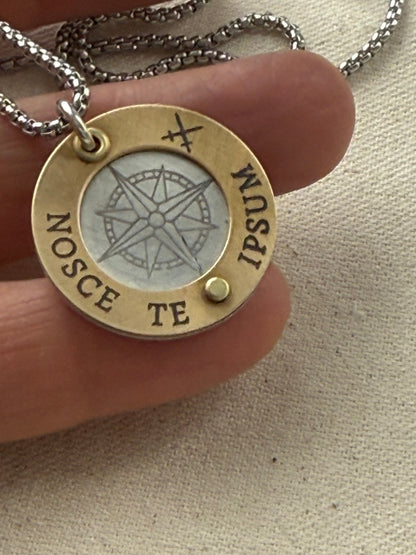 Nosce Te Ipsum Necklace - Sterling Silver and Golden Brass Latin Phrase Jewelry - Drake Designs Jewelry 