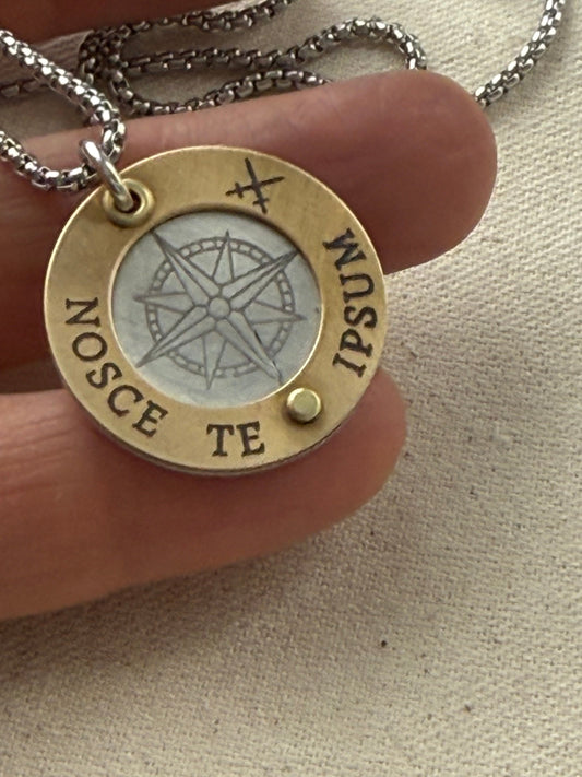 Nosce Te Ipsum Necklace - Sterling Silver and Golden Brass Latin Phrase Jewelry - Drake Designs Jewelry 