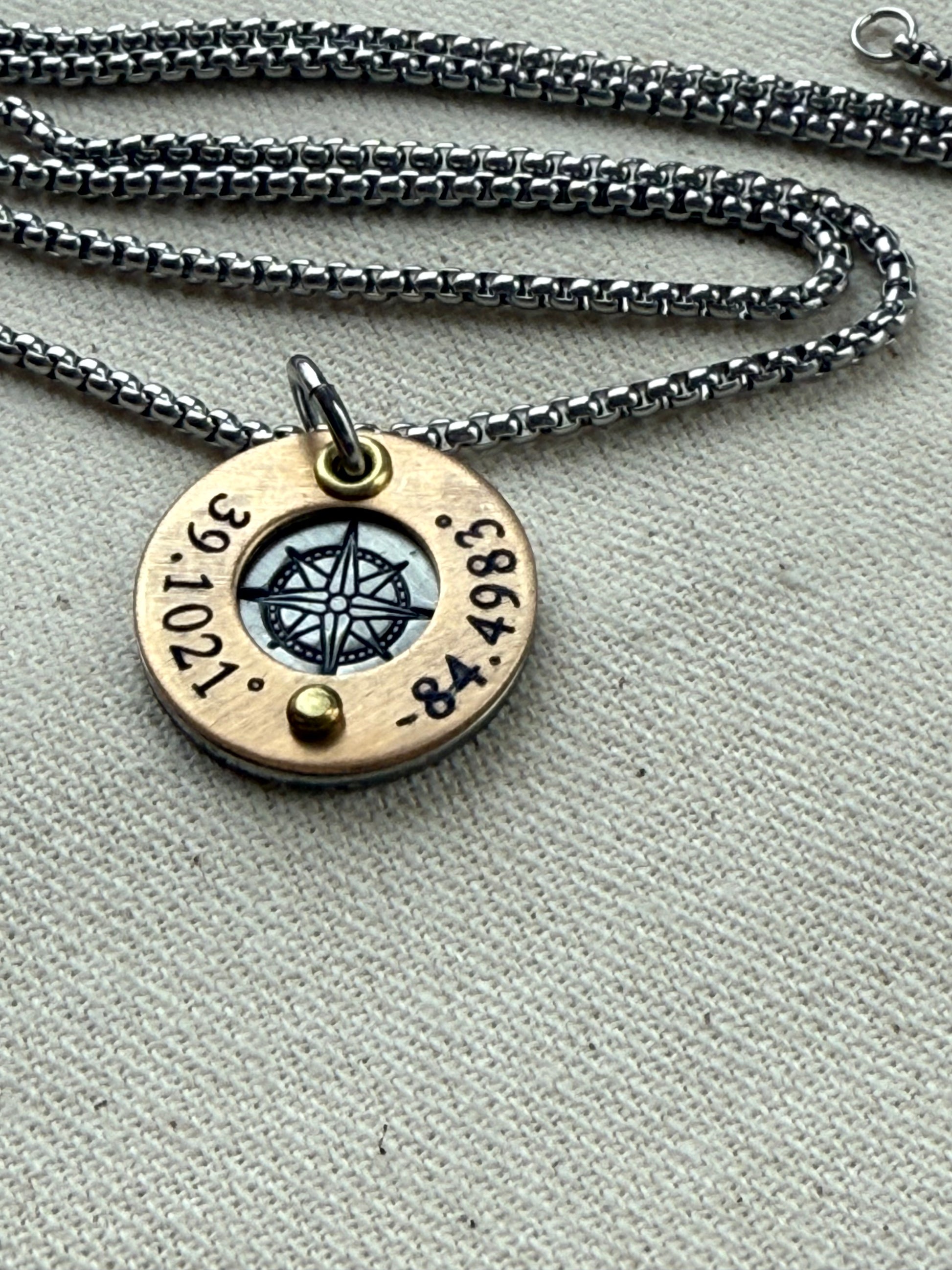 Silver and gold compass necklace with gps latitude longitude coordinates engraved - personalized necklace with raised gold brass edge and compass rose hand stamped- drake designs jewelry