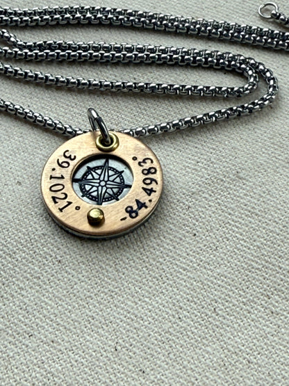 Silver and gold compass necklace with gps latitude longitude coordinates engraved - personalized necklace with raised gold brass edge and compass rose hand stamped- drake designs jewelry