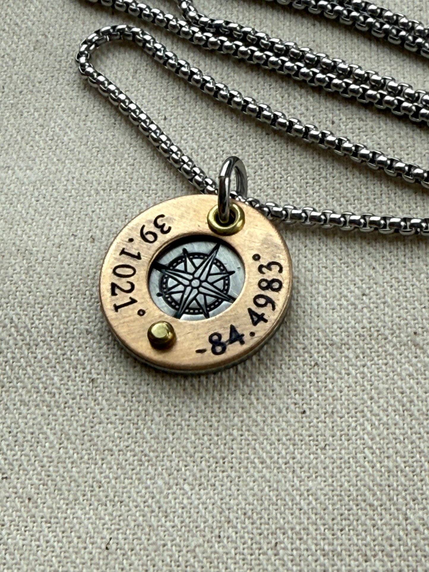 Silver and gold compass necklace with gps latitude longitude coordinates engraved - personalized necklace with raised gold brass edge and compass rose hand stamped- drake designs jewelry