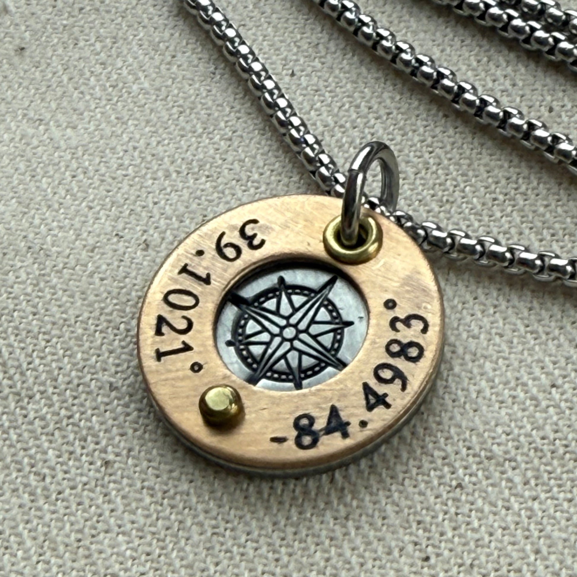 Silver and gold compass necklace with gps latitude longitude coordinates engraved - personalized necklace with raised gold brass edge and compass rose hand stamped- drake designs jewelry