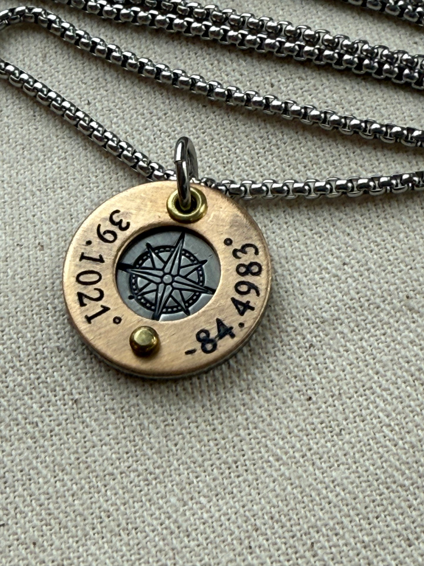 Silver and gold compass necklace with custom coordinates engraved - personalized necklace with raised gold brass edge and compass rose hand stamped- drake designs jewelry