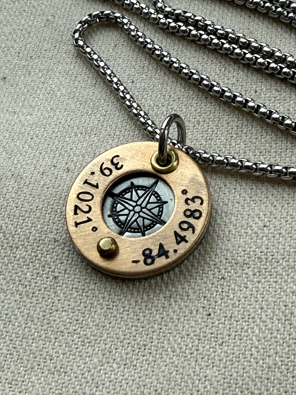 Personalized Necklace with Custom Coordinates  - Latitude Longitude Engraved in Mixed Metals