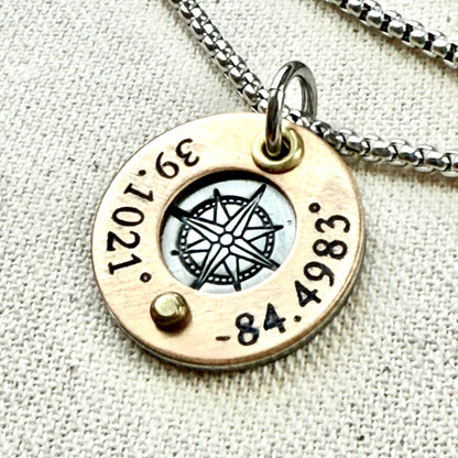 Silver and gold compass necklace with gps latitude longitude coordinates engraved - personalized necklace with raised gold brass edge and compass rose hand stamped- drake designs jewelry