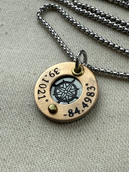 Silver and gold compass necklace with personalized coordinates engraved - personalized necklace with raised gold brass edge and compass rose hand stamped- drake designs jewelry