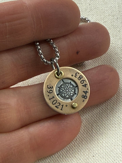 Silver and gold compass necklace with gps latitude longitude coordinates engraved - personalized necklace with raised gold brass edge and compass rose hand stamped- drake designs jewelry