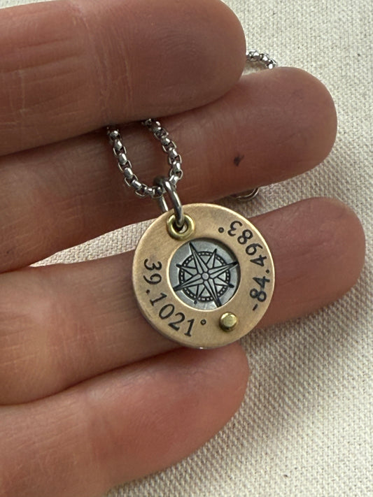 Silver and gold compass necklace with gps latitude longitude coordinates engraved - personalized necklace with raised gold brass edge and compass rose hand stamped- drake designs jewelry