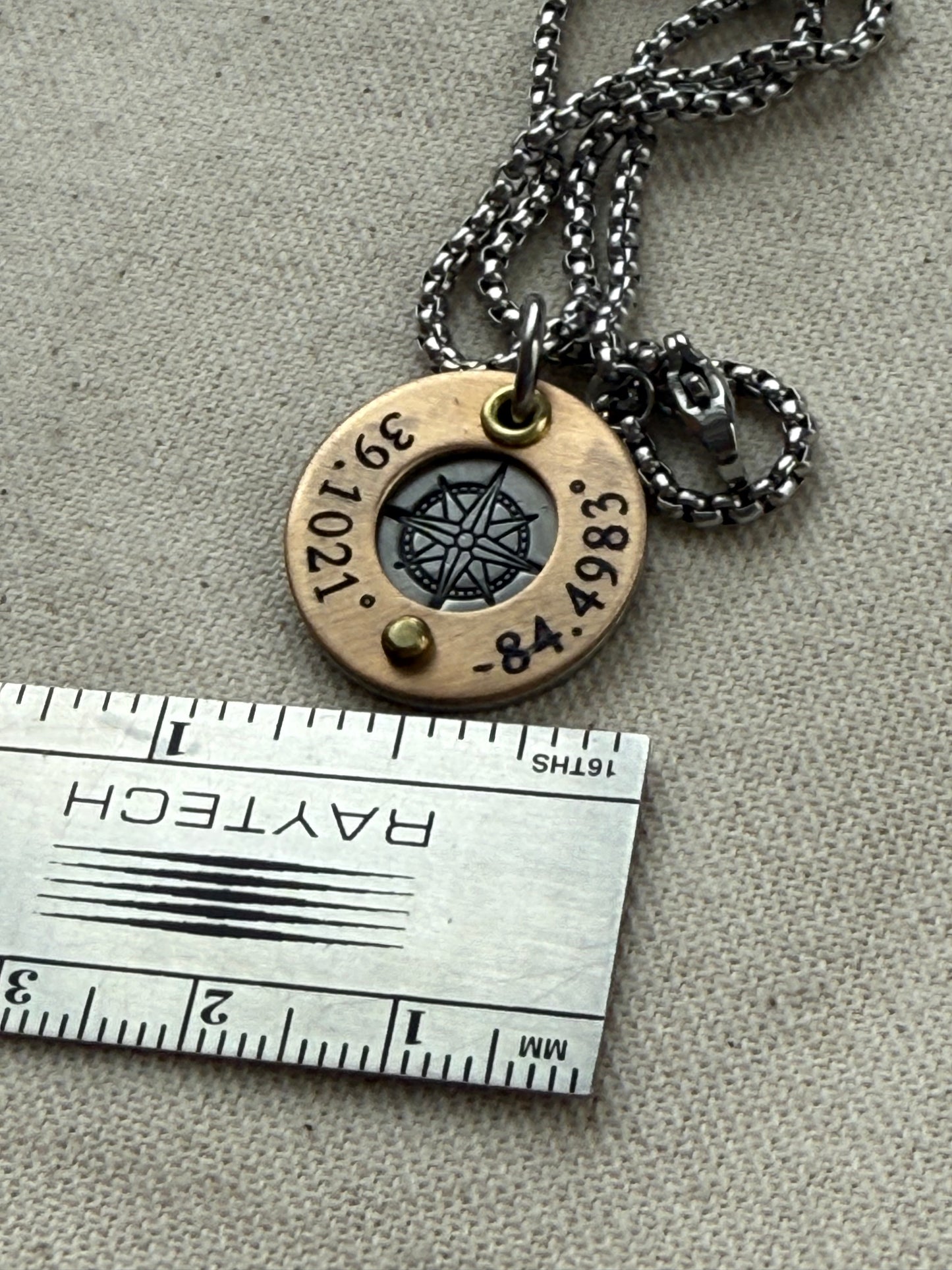 Silver and gold compass necklace with gps latitude longitude coordinates engraved - personalized necklace with raised gold brass edge and compass rose hand stamped- drake designs jewelry