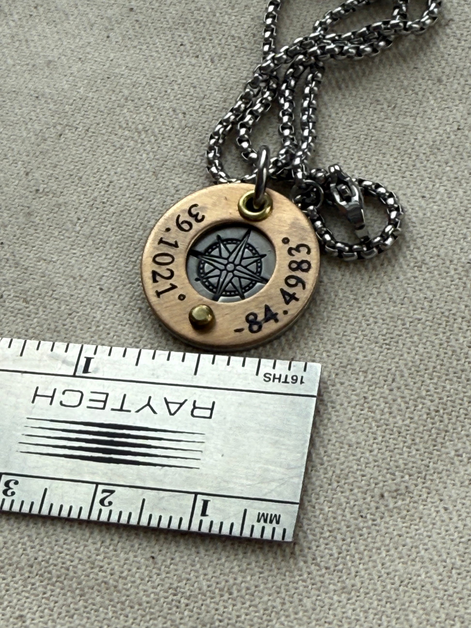 Silver and gold compass necklace with gps latitude longitude coordinates engraved - personalized necklace with raised gold brass edge and compass rose hand stamped- drake designs jewelry