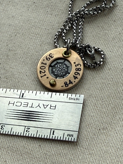 Silver and gold compass necklace with gps latitude longitude coordinates engraved - personalized necklace with raised gold brass edge and compass rose hand stamped- drake designs jewelry