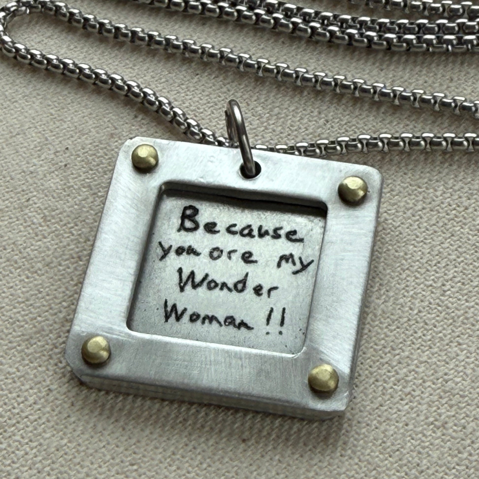 Actual handwriting necklace with your loved ones handwriting engraved.  Silver and gold hand riveted - drake designs jewelry
