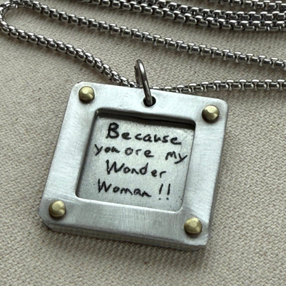 Actual handwriting necklace with your loved ones handwriting engraved.  Silver and gold hand riveted - drake designs jewelry