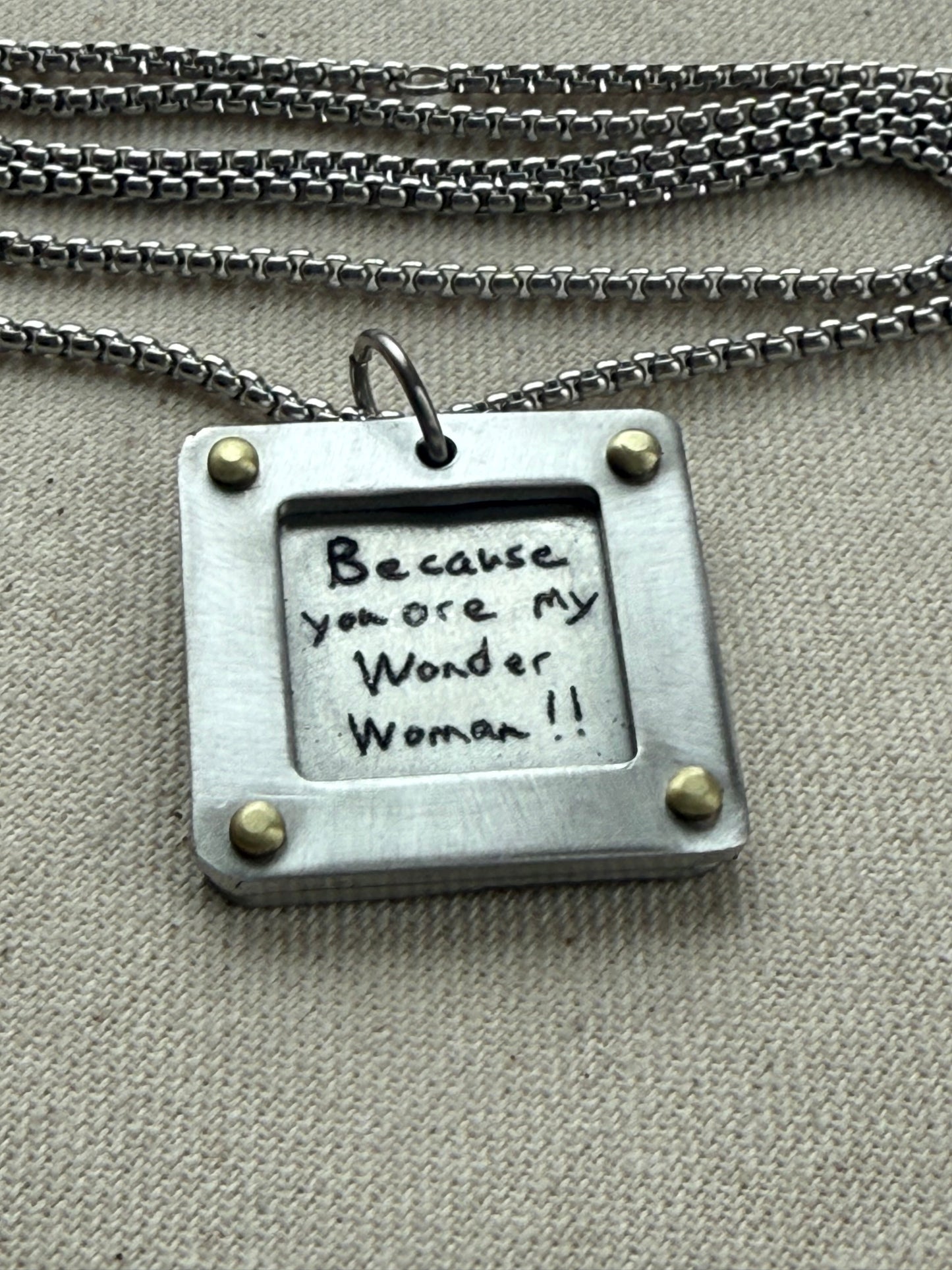 Actual handwriting necklace with your loved ones handwriting engraved.  Silver and gold hand riveted - drake designs jewelry