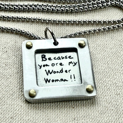 Actual handwriting necklace with your loved ones handwriting engraved.  Silver and gold hand riveted - drake designs jewelry