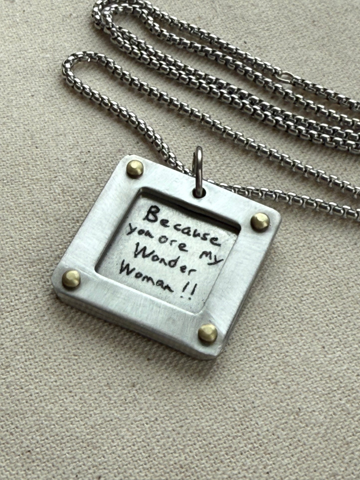 Silver and gold necklace with your loved ones actual handwriting engraved. hand riveted - drake designs jewelry
