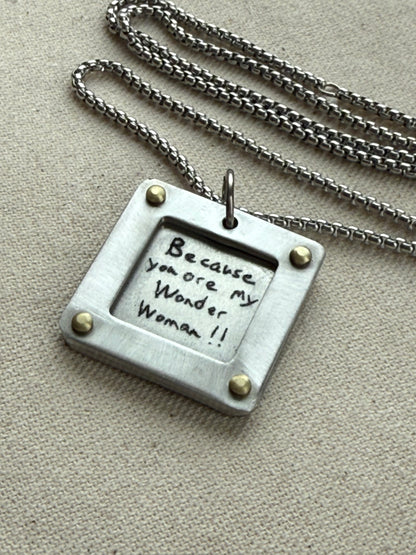 Silver and gold necklace with your loved ones actual handwriting engraved. hand riveted - drake designs jewelry